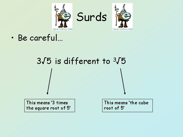 Surds • Be careful… 3√ 5 is different to 3√ 5 This means ‘