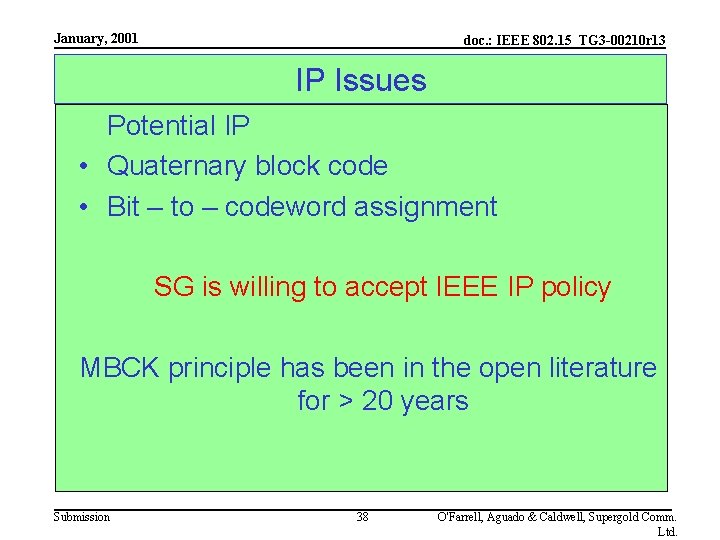 January, 2001 doc. : IEEE 802. 15_TG 3 -00210 r 13 IP Issues Potential