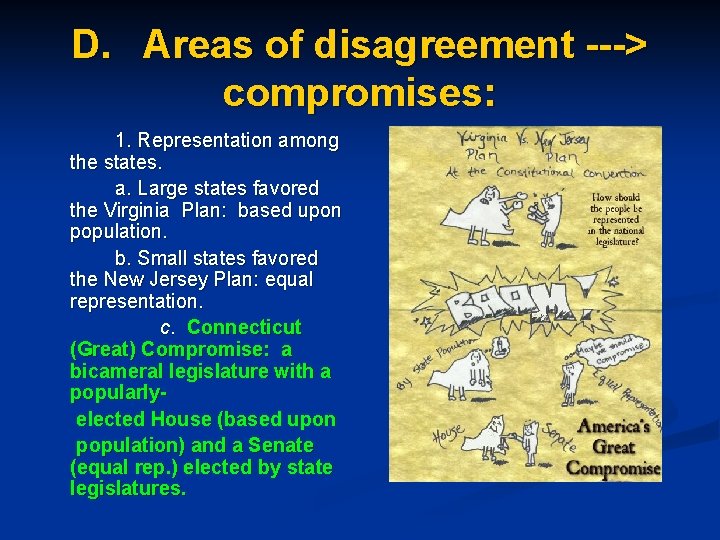 D. Areas of disagreement ---> compromises: 1. Representation among the states. a. Large states