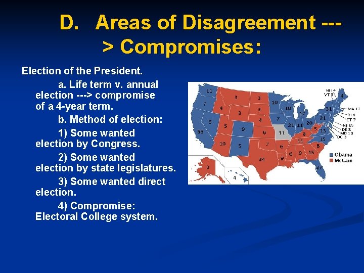 D. Areas of Disagreement --> Compromises: Election of the President. a. Life term v.