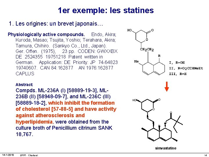 1 er exemple: les statines 1. Les origines: un brevet japonais… Physiologically active compounds.