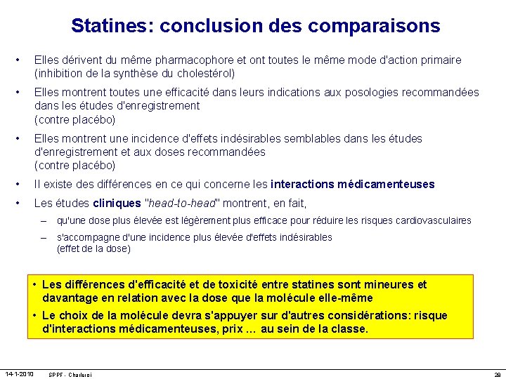 Statines: conclusion des comparaisons • Elles dérivent du même pharmacophore et ont toutes le