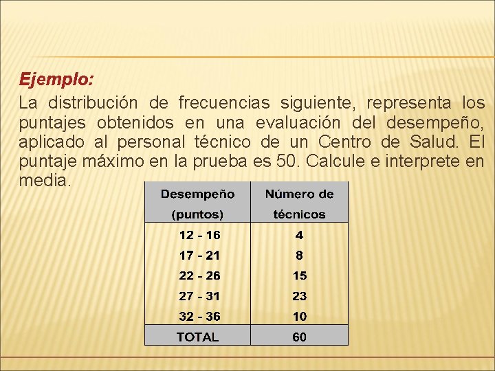 Ejemplo: La distribución de frecuencias siguiente, representa los puntajes obtenidos en una evaluación del