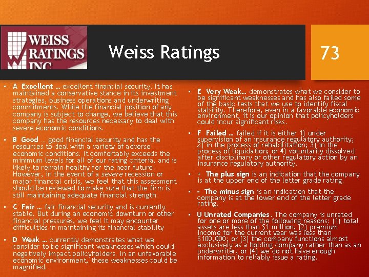 Weiss Ratings • A Excellent … excellent financial security. It has maintained a conservative