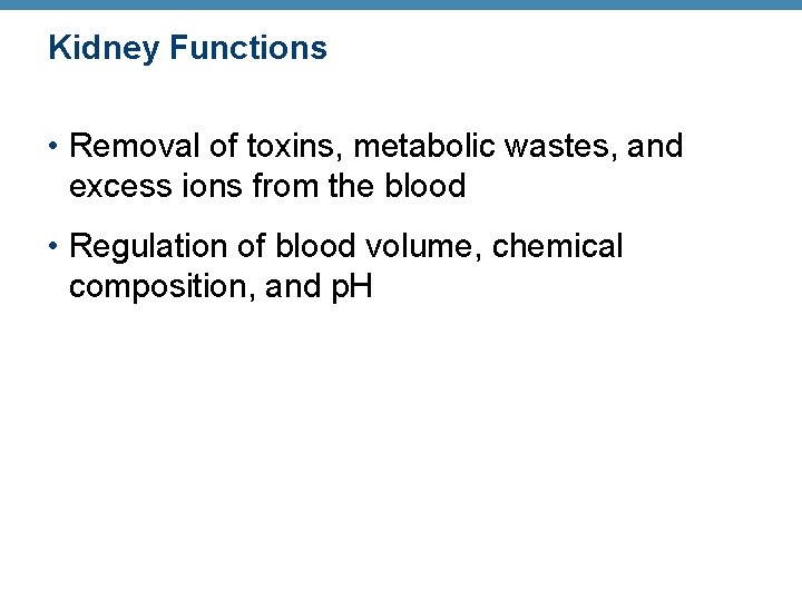 Kidney Functions • Removal of toxins, metabolic wastes, and excess ions from the blood