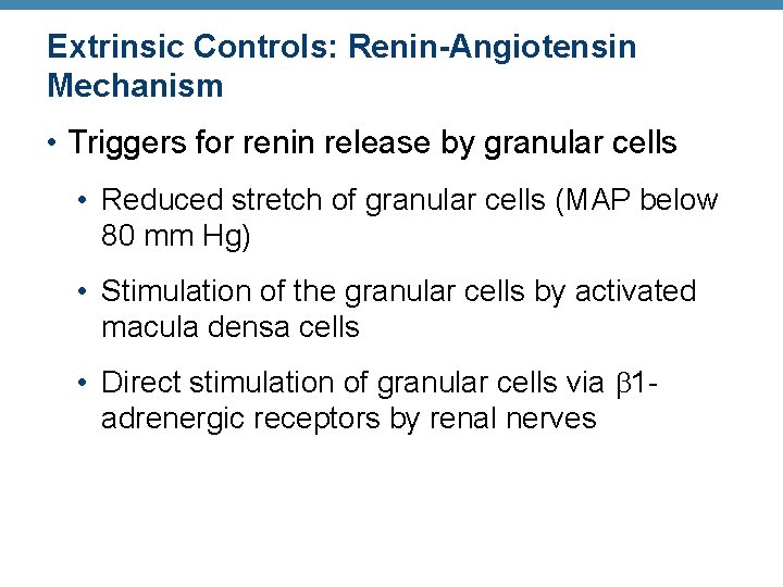 Extrinsic Controls: Renin-Angiotensin Mechanism • Triggers for renin release by granular cells • Reduced