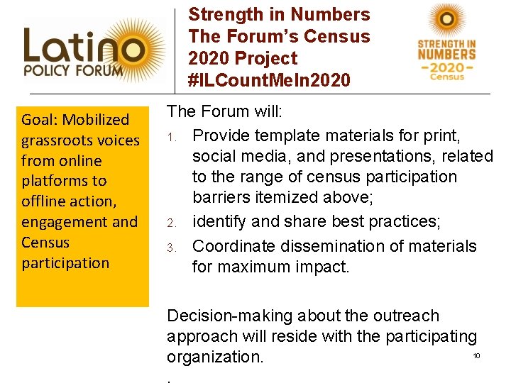 Strength in Numbers The Forum’s Census 2020 Project #ILCount. Me. In 2020 Goal: Mobilized