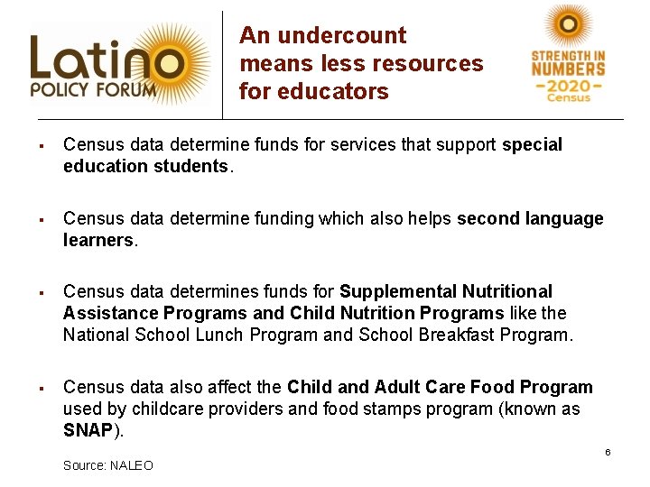 An undercount means less resources for educators § Census data determine funds for services