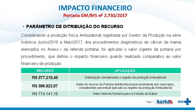 IMPACTO FINANCEIRO Portaria GM/MS nº 2. 730/2017 • PAR METRO DE DITRIBUIÇÃO DO RECURSO