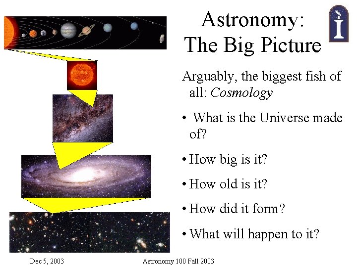 Astronomy: The Big Picture Arguably, the biggest fish of all: Cosmology • What is