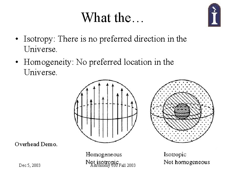 What the… • Isotropy: There is no preferred direction in the Universe. • Homogeneity: