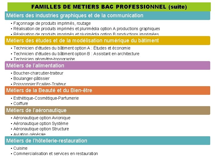 FAMILLES DE METIERS BAC PROFESSIONNEL (suite) Métiers des industries graphiques et de la communication