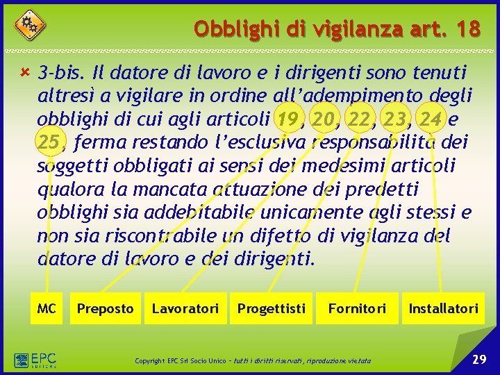 Obblighi di vigilanza art. 18 û 3 -bis. Il datore di lavoro e i