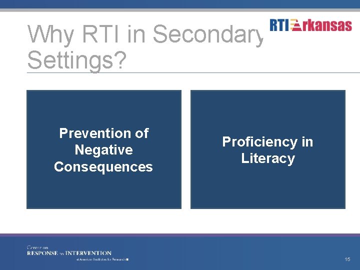 Why RTI in Secondary Settings? Prevention of Negative Consequences Proficiency in Literacy 15 