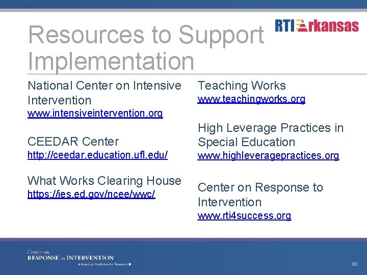 Resources to Support Implementation National Center on Intensive Intervention Teaching Works www. teachingworks. org
