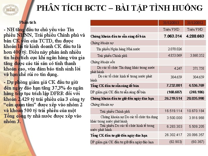 PH N TÍCH BCTC – BÀI TẬP TÌNH HUỐNG Phân tích - NH tăng