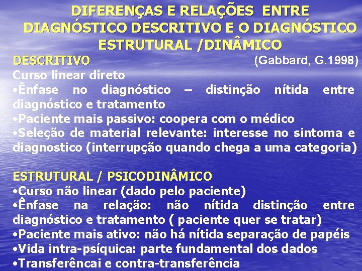 DIFERENÇAS E RELAÇÕES ENTRE DIAGNÓSTICO DESCRITIVO E O DIAGNÓSTICO ESTRUTURAL /DIN MICO (Gabbard, G.