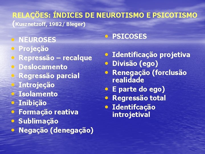 RELAÇÕES: ÍNDICES DE NEUROTISMO E PSICOTISMO (Kusznetzoff, 1982/ Bleger) • • • NEUROSES Projeção