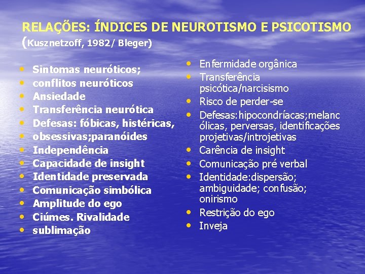 RELAÇÕES: ÍNDICES DE NEUROTISMO E PSICOTISMO (Kusznetzoff, 1982/ Bleger) • • • • Sintomas