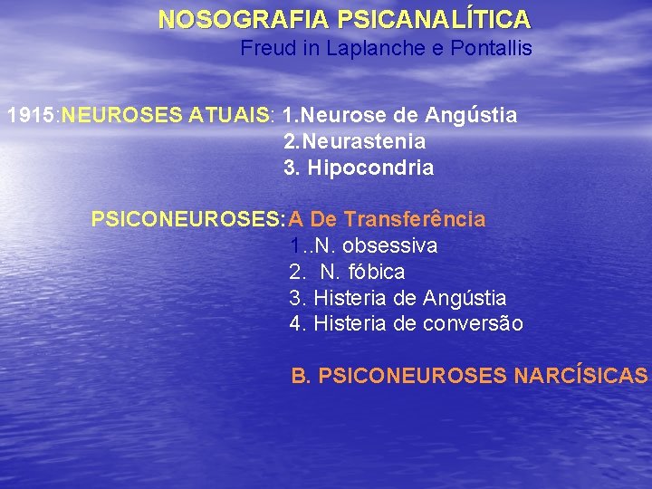 NOSOGRAFIA PSICANALÍTICA Freud in Laplanche e Pontallis 1915: NEUROSES ATUAIS: 1. Neurose de Angústia