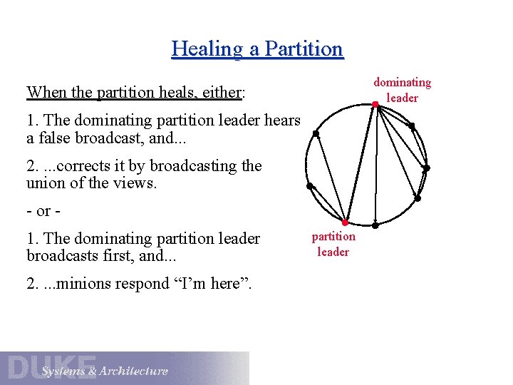 Healing a Partition dominating leader When the partition heals, either: 1. The dominating partition