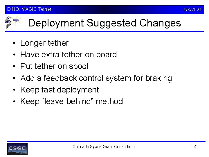 DINO: MAGIC Tether 9/8/2021 Deployment Suggested Changes • • • Longer tether Have extra