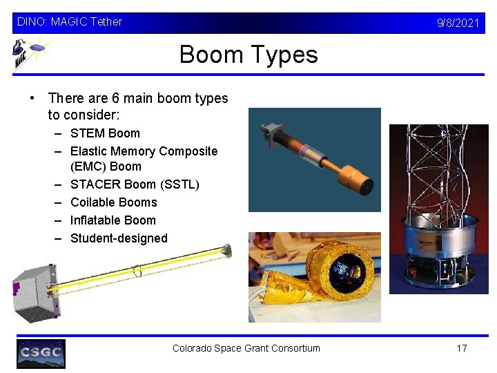 DINO: MAGIC Tether 9/8/2021 Boom Types • There are 6 main boom types to