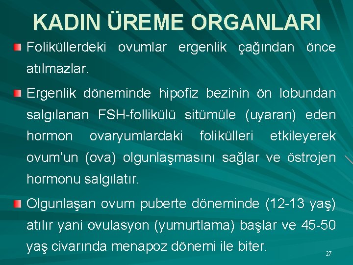 KADIN ÜREME ORGANLARI Foliküllerdeki ovumlar ergenlik çağından önce atılmazlar. Ergenlik döneminde hipofiz bezinin ön