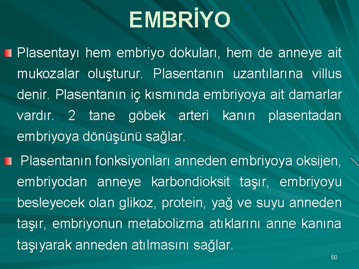 EMBRİYO Plasentayı hem embriyo dokuları, hem de anneye ait mukozalar oluşturur. Plasentanın uzantılarına villus