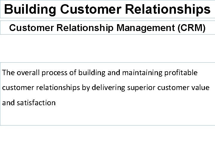 Building Customer Relationships Customer Relationship Management (CRM) The overall process of building and maintaining