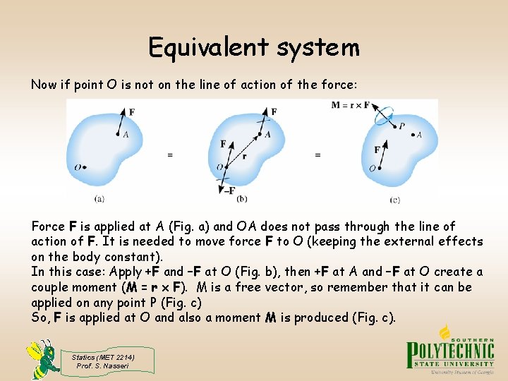 Equivalent system Now if point O is not on the line of action of