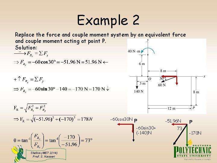 Example 2 Replace the force and couple moment system by an equivalent force and