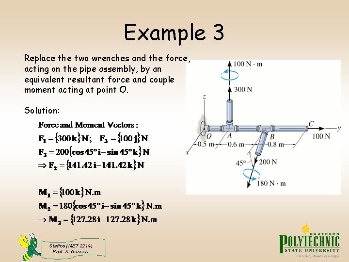 Example 3 Replace the two wrenches and the force, acting on the pipe assembly,