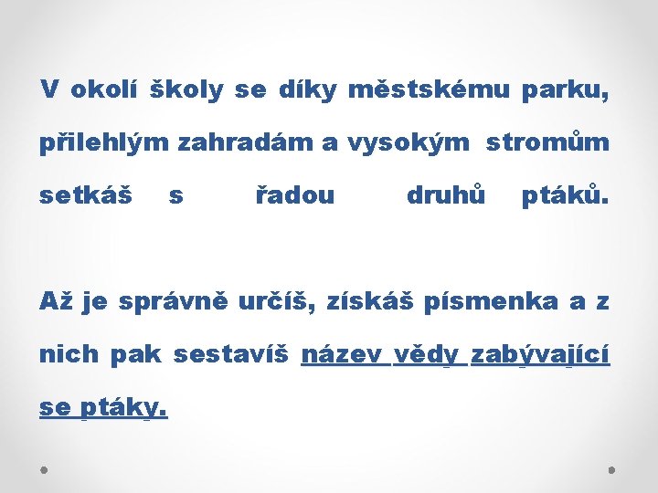 V okolí školy se díky městskému parku, přilehlým zahradám a vysokým stromům setkáš s