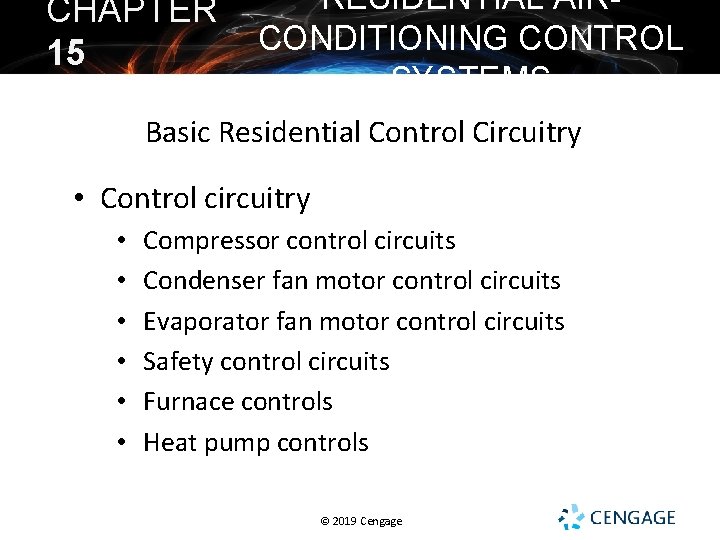 2019 Cengage CHAPTER 15 RESIDENTIAL AIRCONDITIONING CONTROL SYSTEMS