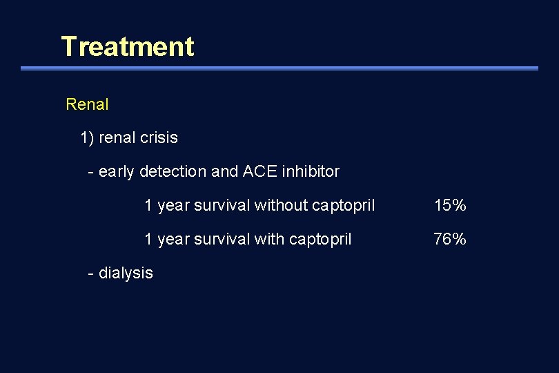 Treatment Renal 1) renal crisis - early detection and ACE inhibitor 1 year survival