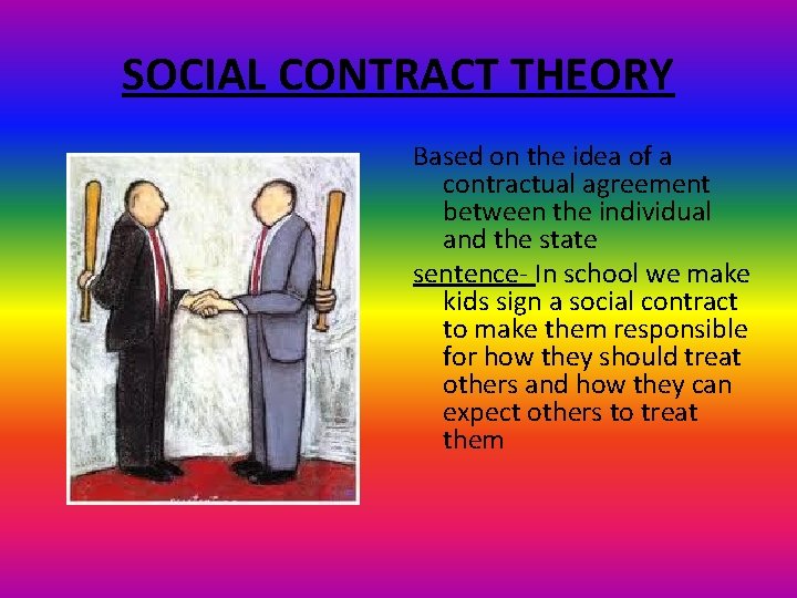 SOCIAL CONTRACT THEORY Based on the idea of a contractual agreement between the individual