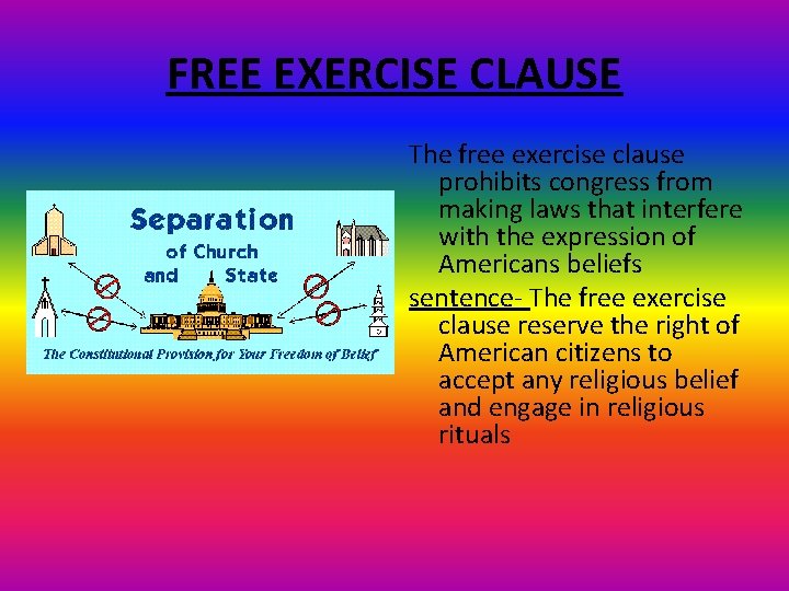 FREE EXERCISE CLAUSE The free exercise clause prohibits congress from making laws that interfere