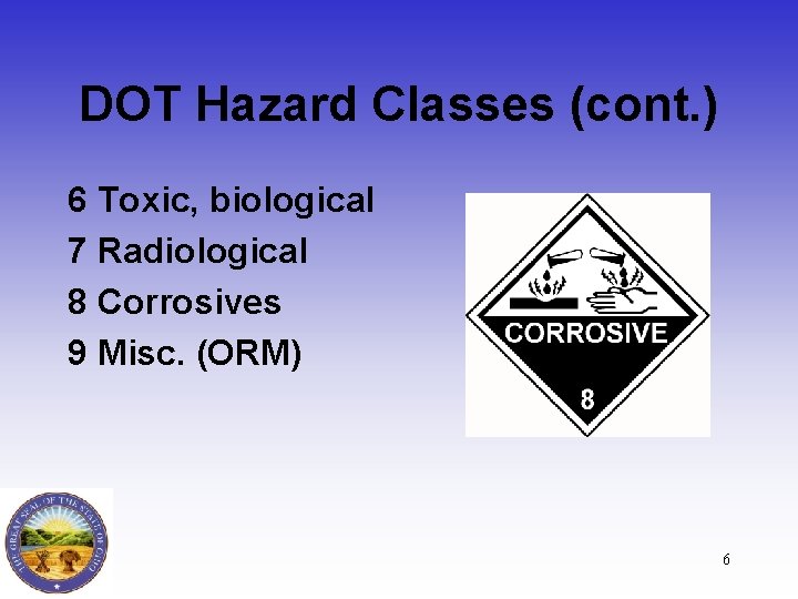 DOT Hazard Classes (cont. ) 6 Toxic, biological 7 Radiological 8 Corrosives 9 Misc.