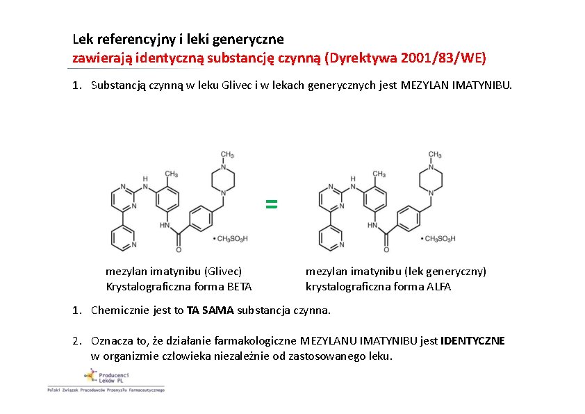 Lek referencyjny i leki generyczne zawierają identyczną substancję czynną (Dyrektywa 2001/83/WE) 1. Substancją czynną