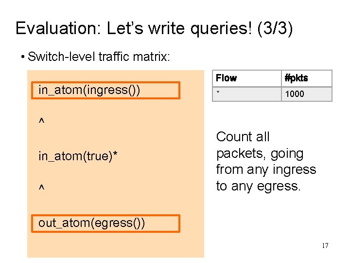 Evaluation: Let’s write queries! (3/3) • Switch-level traffic matrix: in_atom(ingress()) ^ in_atom(true)* ^ Flow Evaluation: Let’s write queries! (3/3) • Switch-level traffic matrix: in_atom(ingress()) ^ in_atom(true)* ^ Flow