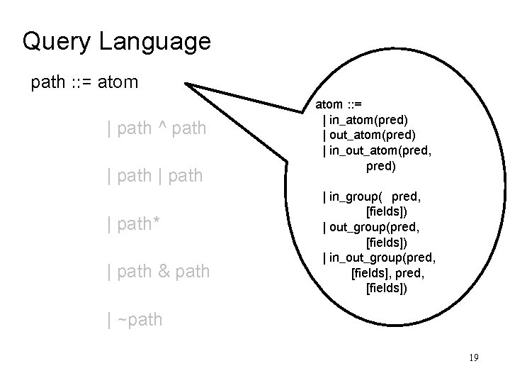 Query Language path : : = atom | path ^ path | path* | Query Language path : : = atom | path ^ path | path* |