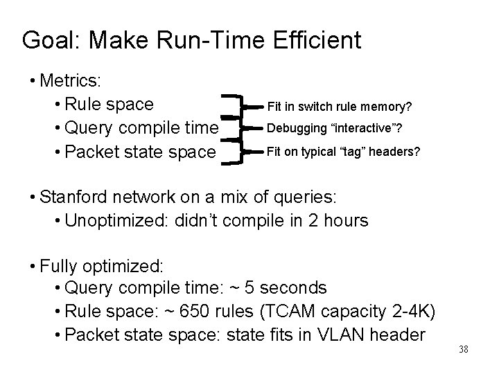 Goal: Make Run-Time Efficient • Metrics: • Rule space • Query compile time • Goal: Make Run-Time Efficient • Metrics: • Rule space • Query compile time •