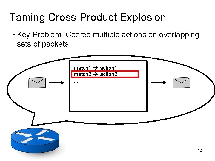 Taming Cross-Product Explosion • Key Problem: Coerce multiple actions on overlapping sets of packets Taming Cross-Product Explosion • Key Problem: Coerce multiple actions on overlapping sets of packets