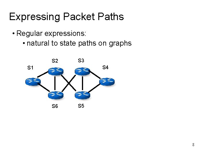 Expressing Packet Paths • Regular expressions: • natural to state paths on graphs S Expressing Packet Paths • Regular expressions: • natural to state paths on graphs S