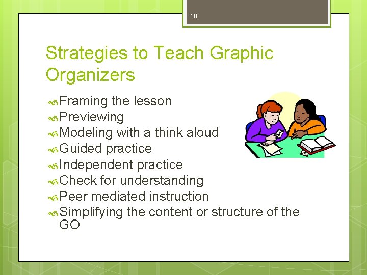 10 Strategies to Teach Graphic Organizers Framing the lesson Previewing Modeling with a think