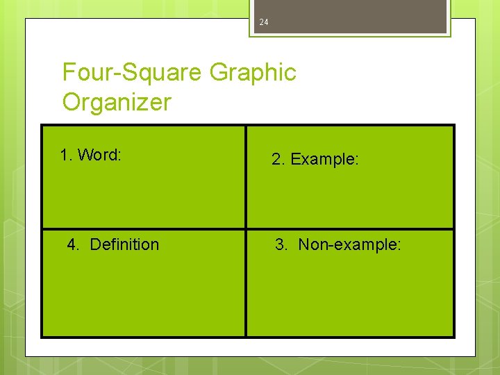 24 Four-Square Graphic Organizer 1. Word: 4. Definition 2. Example: 3. Non-example: 