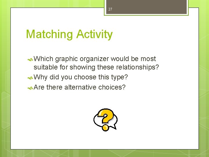 27 Matching Activity Which graphic organizer would be most suitable for showing these relationships?