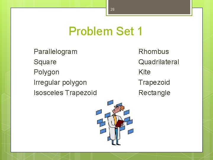 28 Problem Set 1 Parallelogram Square Polygon Irregular polygon Isosceles Trapezoid Rhombus Quadrilateral Kite