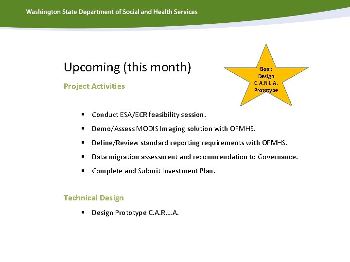 Upcoming (this month) Project Activities Goal: Design C. A. R. L. A. Prototype §